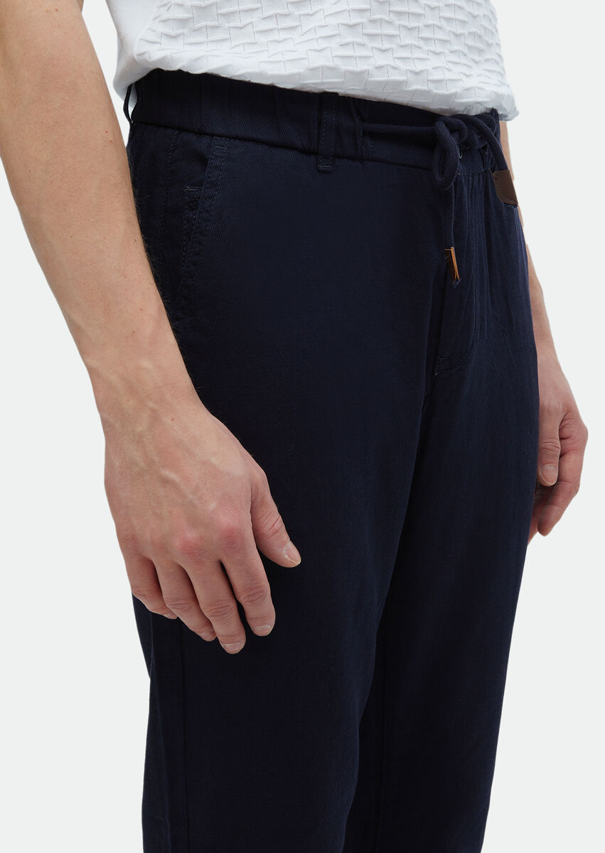 Lacivert Desenli Dokuma Casual Pamuk Karışımlı Pantolon