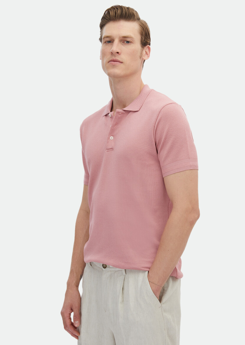 Pembe Jakarlı Polo Yaka %100 Pamuk T-Shirt 