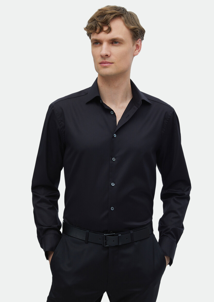 Siyah Regular Fit Ütü İstemeyen Dokuma Klasik %100 Pamuk Gömlek - Thumbnail
