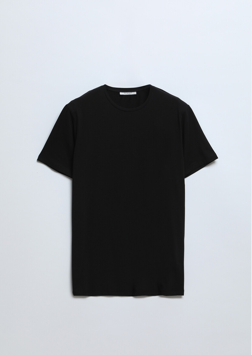 Siyah Düz Pamuk Karışımlı T-Shirt - Thumbnail