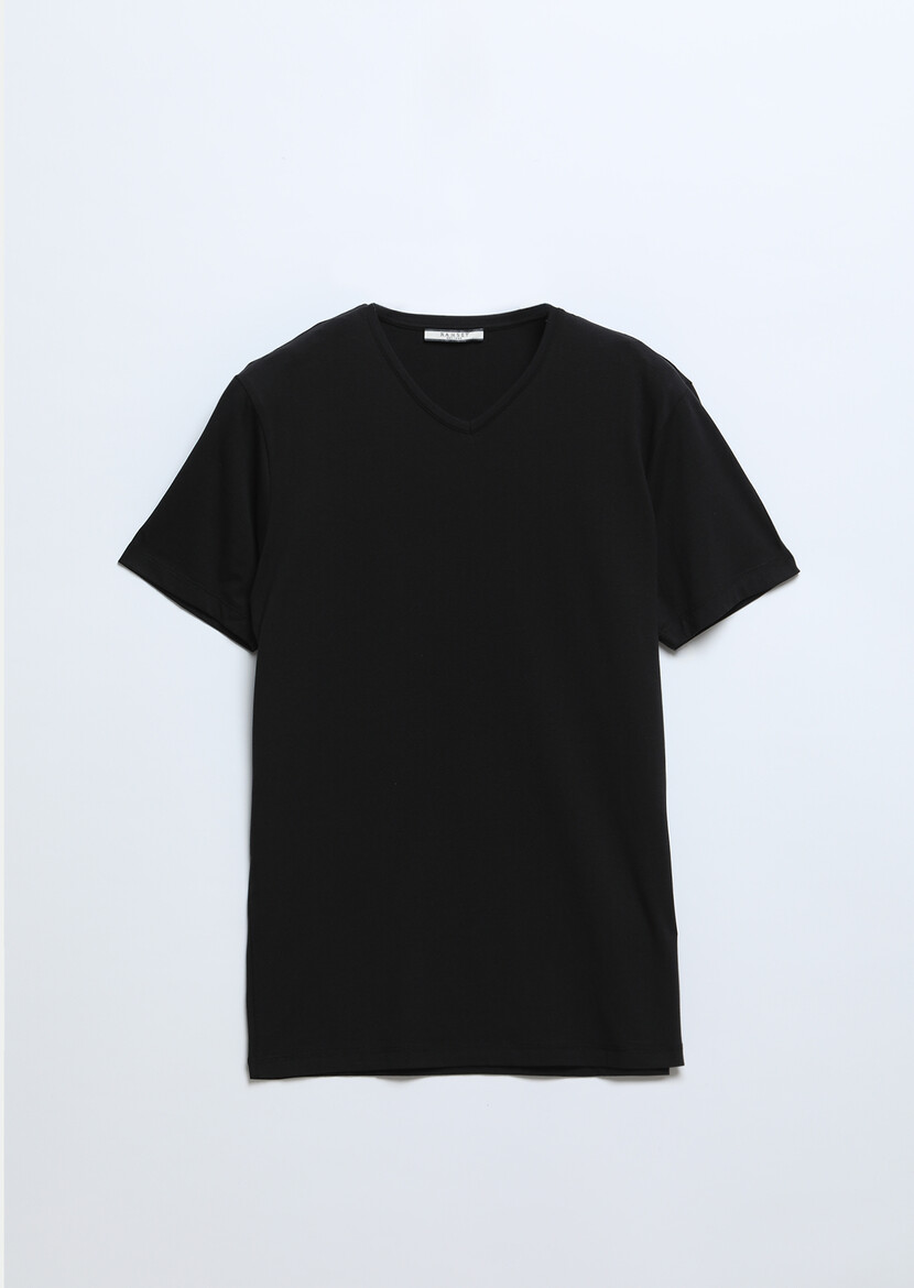 Siyah Düz V Yaka Pamuk Karışımlı T-Shirt - Thumbnail