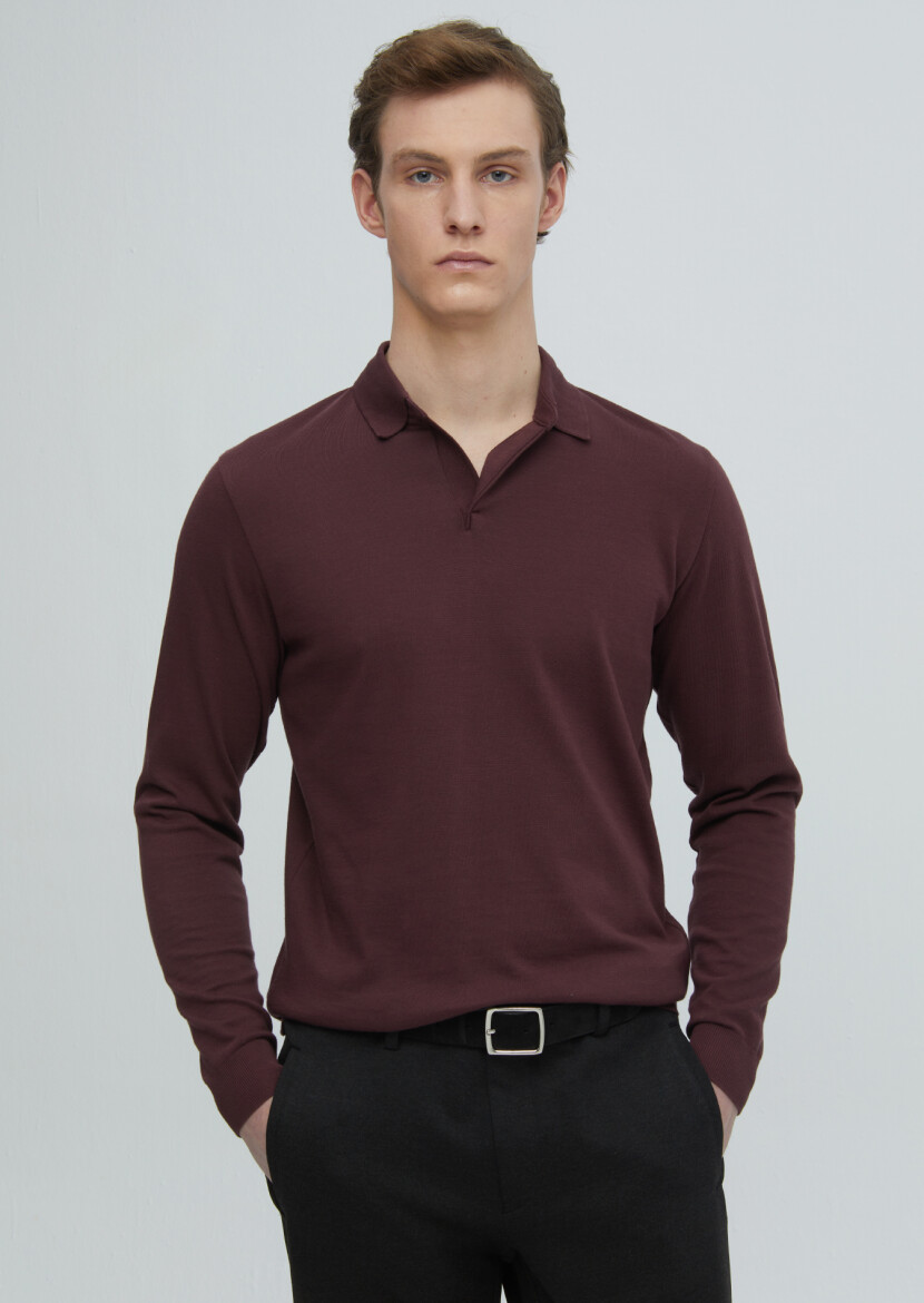 Bordo Polo Yaka Düz Sweatshırt - 1