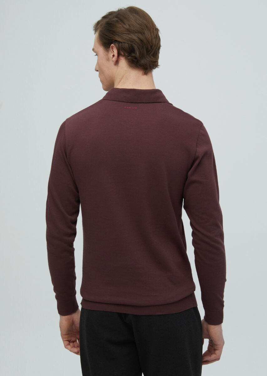 Bordo Polo Yaka Düz Sweatshırt - 6