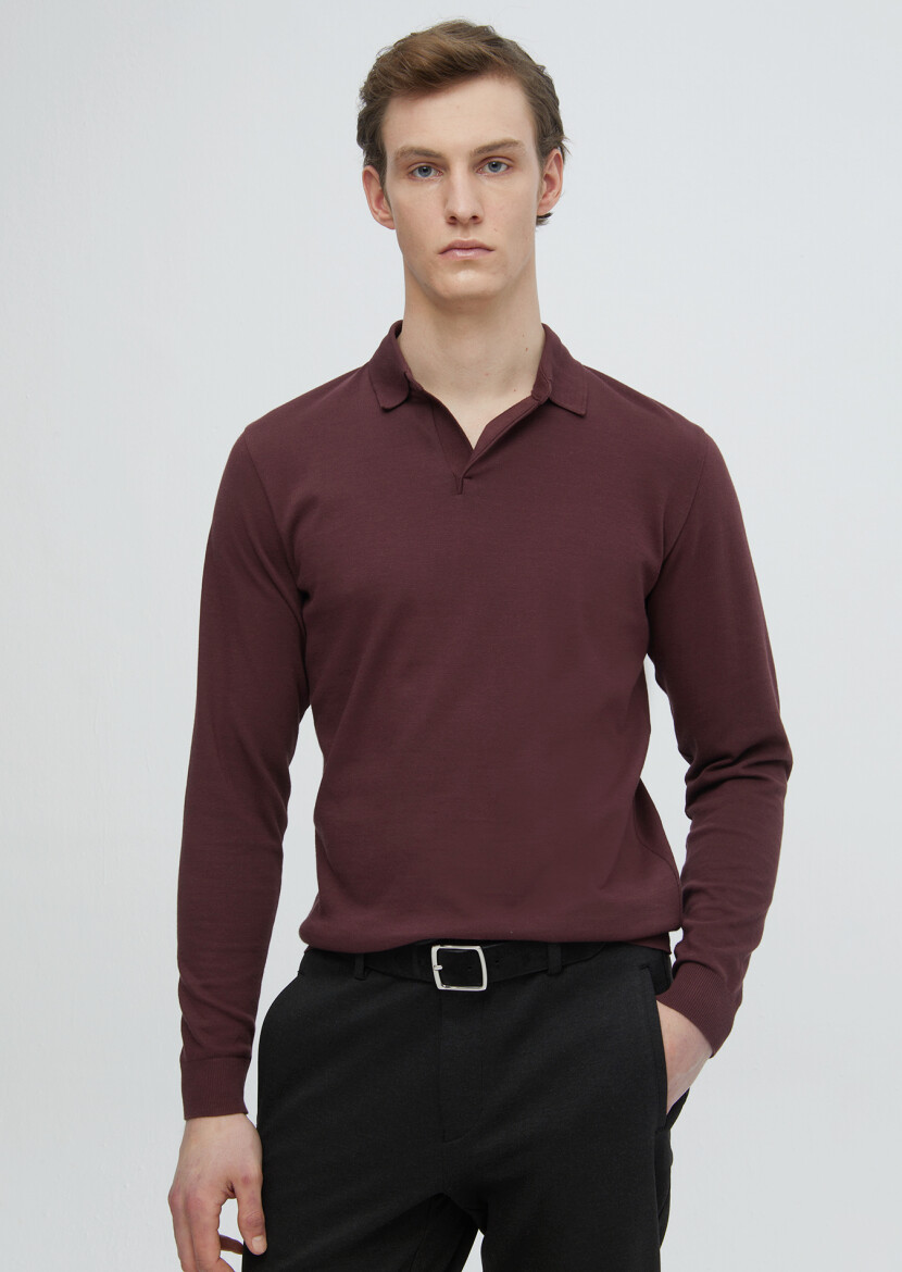 Bordo Polo Yaka Düz Sweatshırt - 3