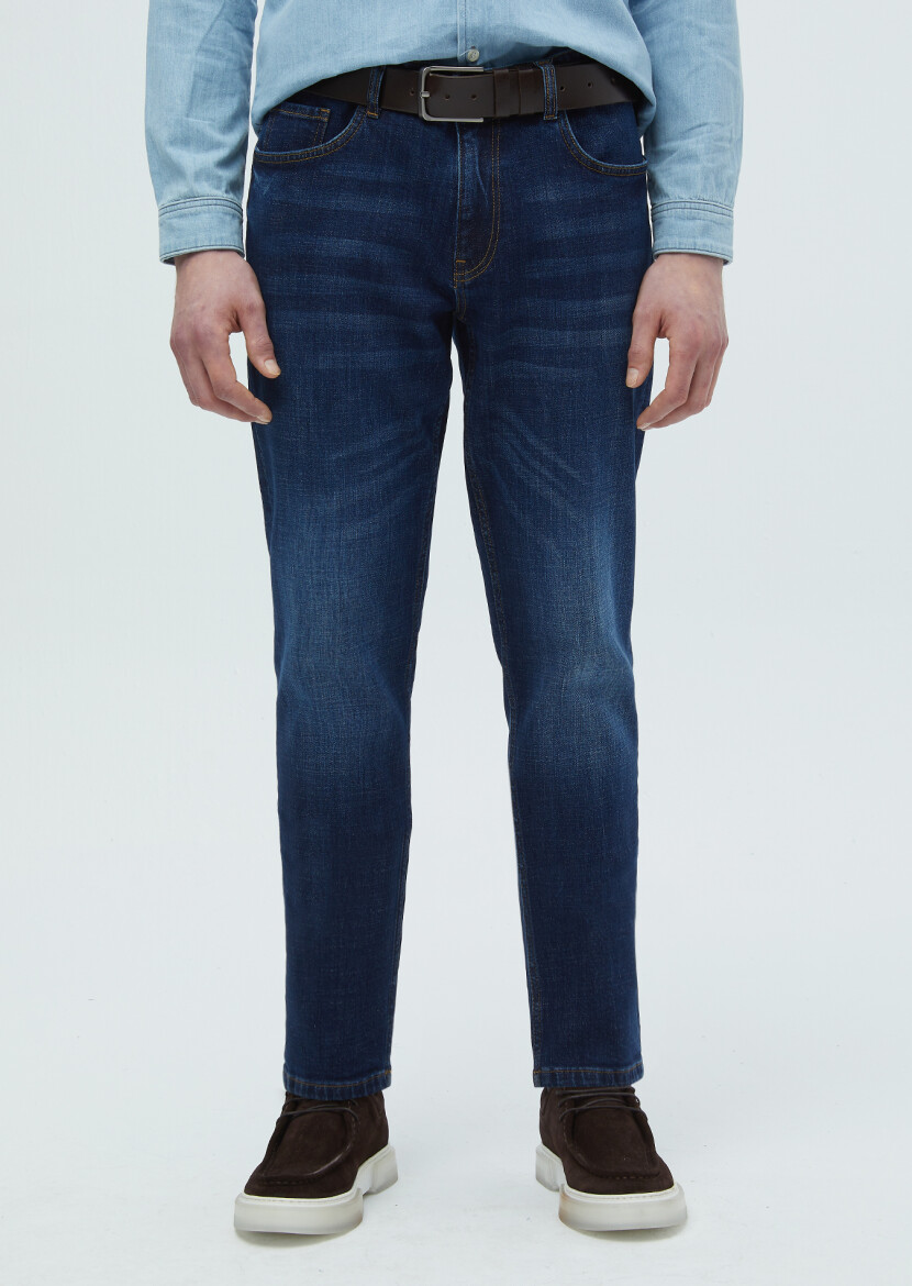 Lacivert Düz Slim Fit Denim Pamuk Karışımlı Pantolon - 2