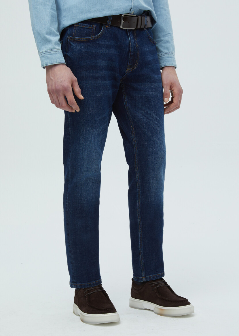 Lacivert Düz Slim Fit Denim Pamuk Karışımlı Pantolon - 3