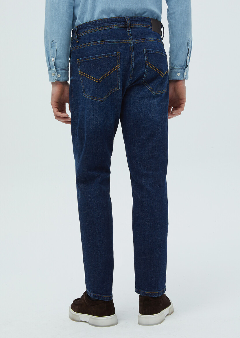 Lacivert Düz Slim Fit Denim Pamuk Karışımlı Pantolon - 5