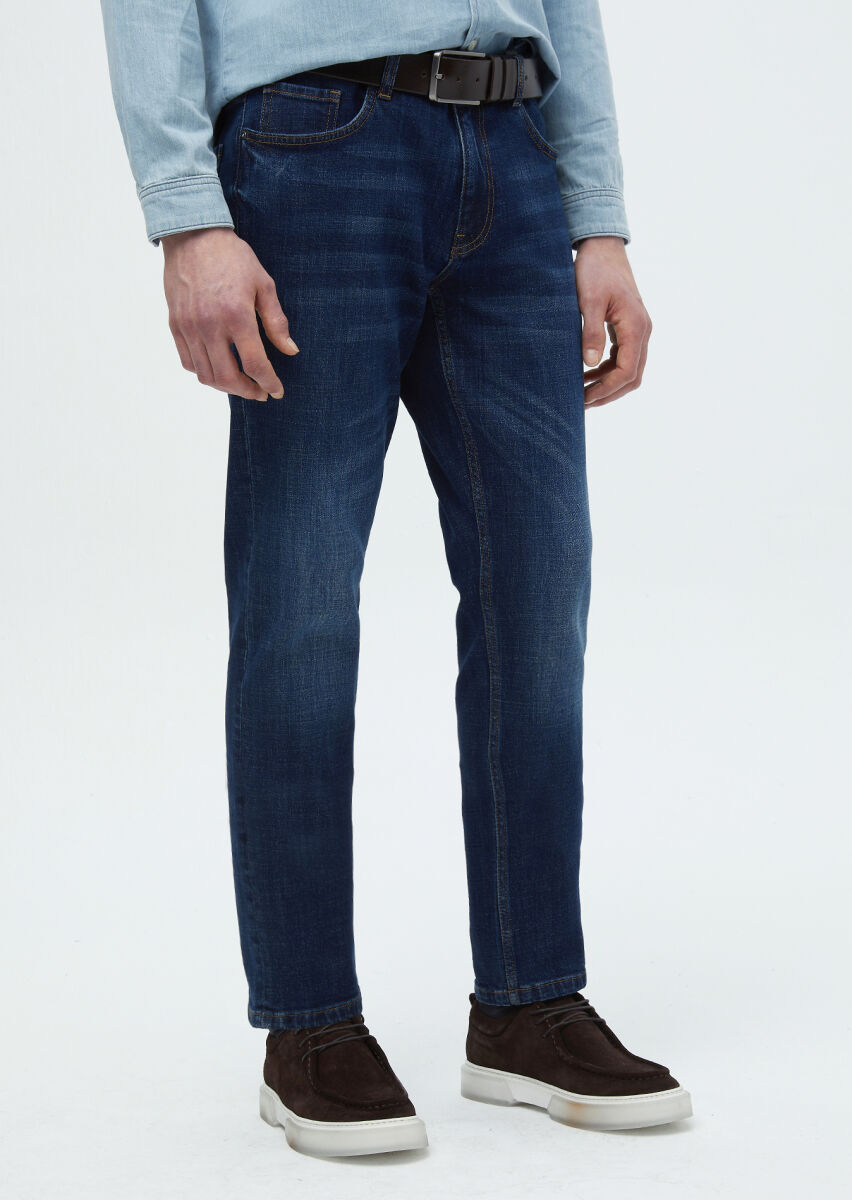 Lacivert Düz Slim Fit Denim Pamuk Karışımlı Pantolon - 3