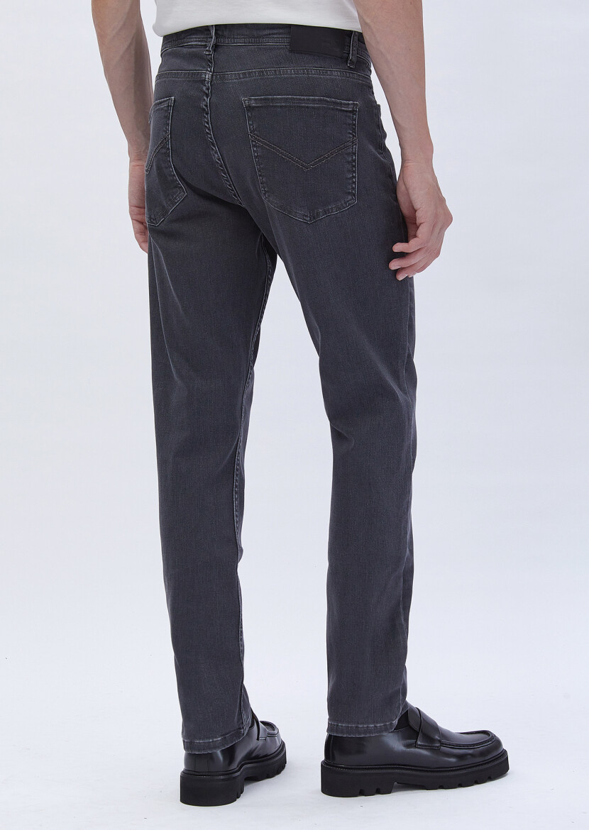 Koyu Gri Düz Slim Fit Denim Pamuk Karışımlı Pantolon - 6