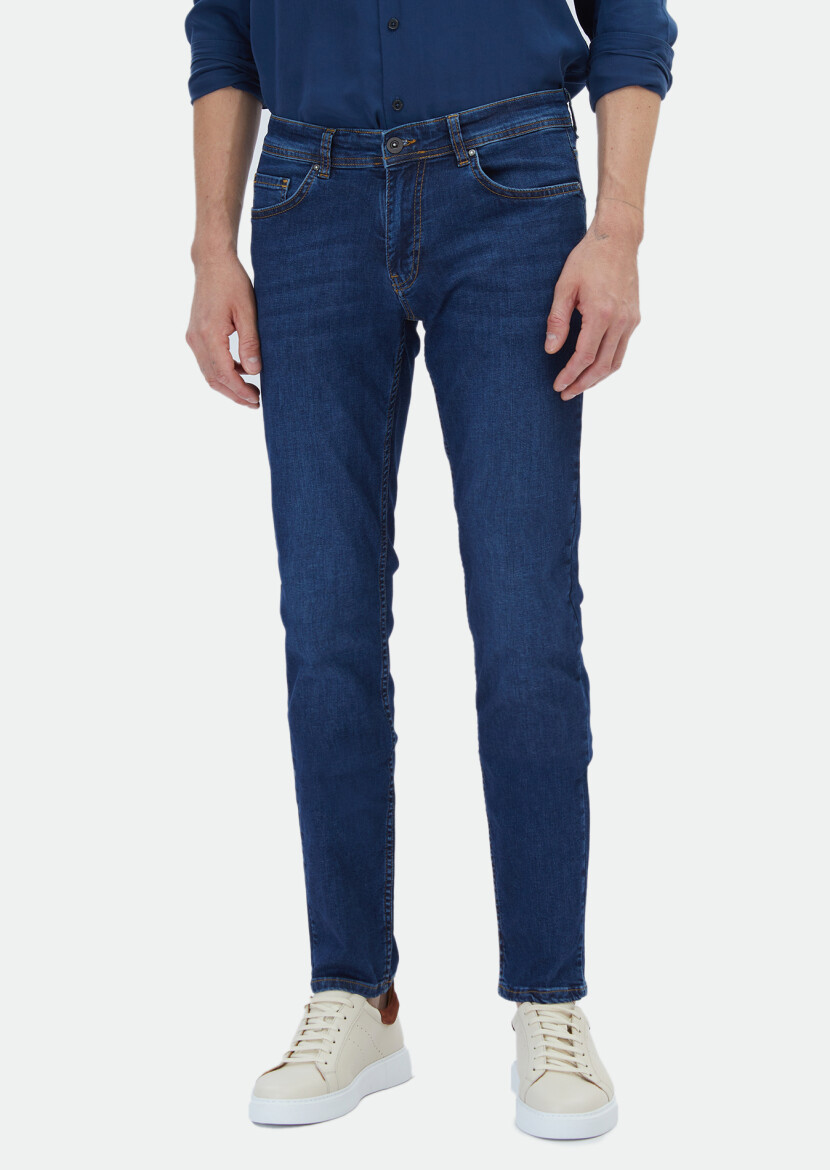 Lacivert Düz Regular Fit Denim Pamuk Karışımlı Pantolon - 2