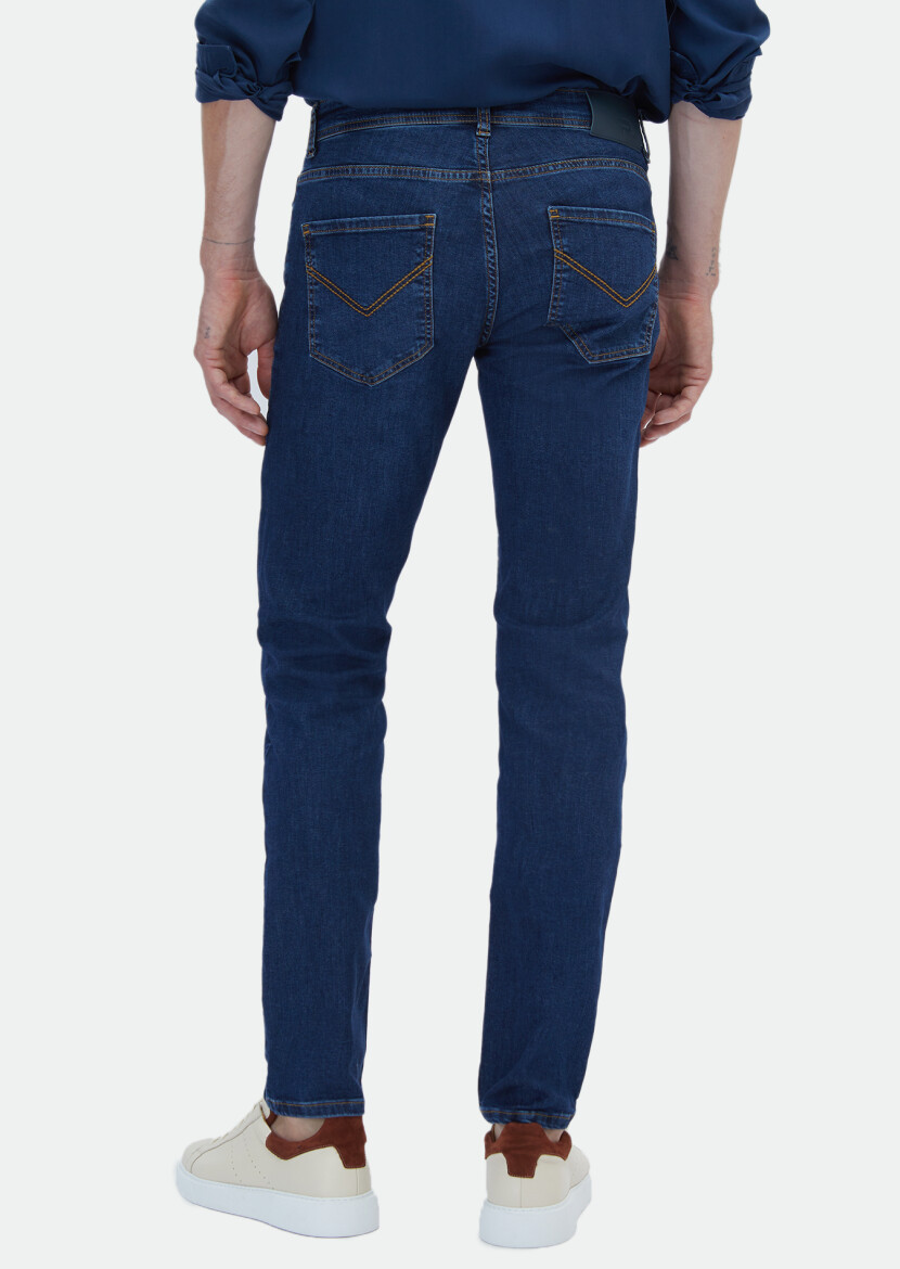 Lacivert Düz Regular Fit Denim Pamuk Karışımlı Pantolon - 4