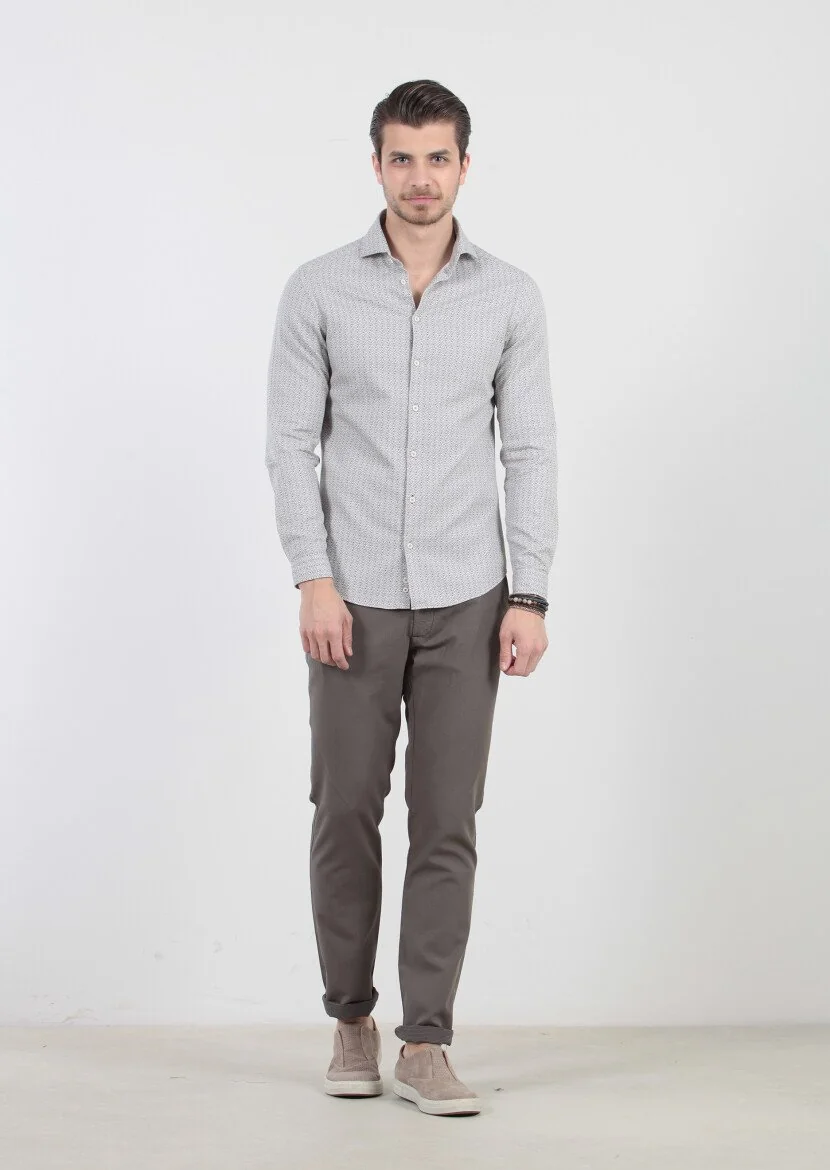 Açık Bej Baskılı Slim Fit Dokuma Casual %100 Pamuk Gömlek - 1