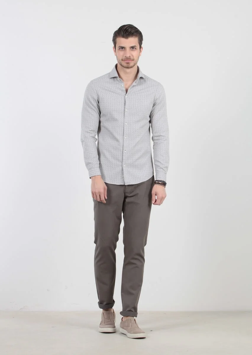Açık Bej Baskılı Slim Fit Dokuma Casual %100 Pamuk Gömlek - 1