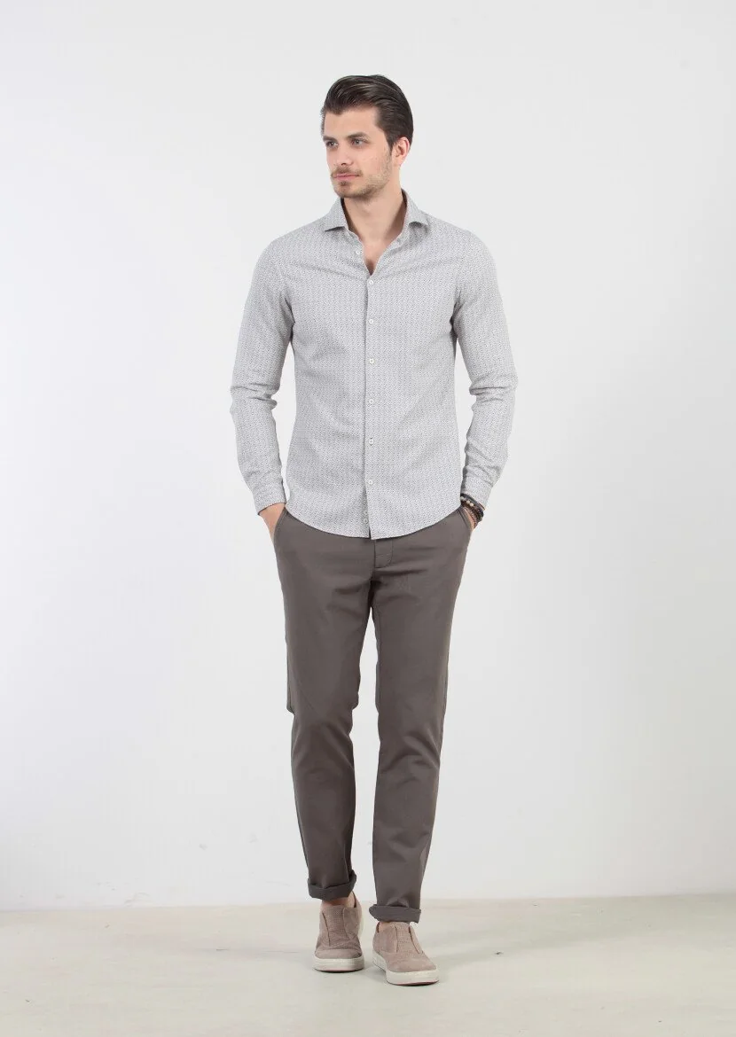 Açık Bej Baskılı Slim Fit Dokuma Casual %100 Pamuk Gömlek - 2