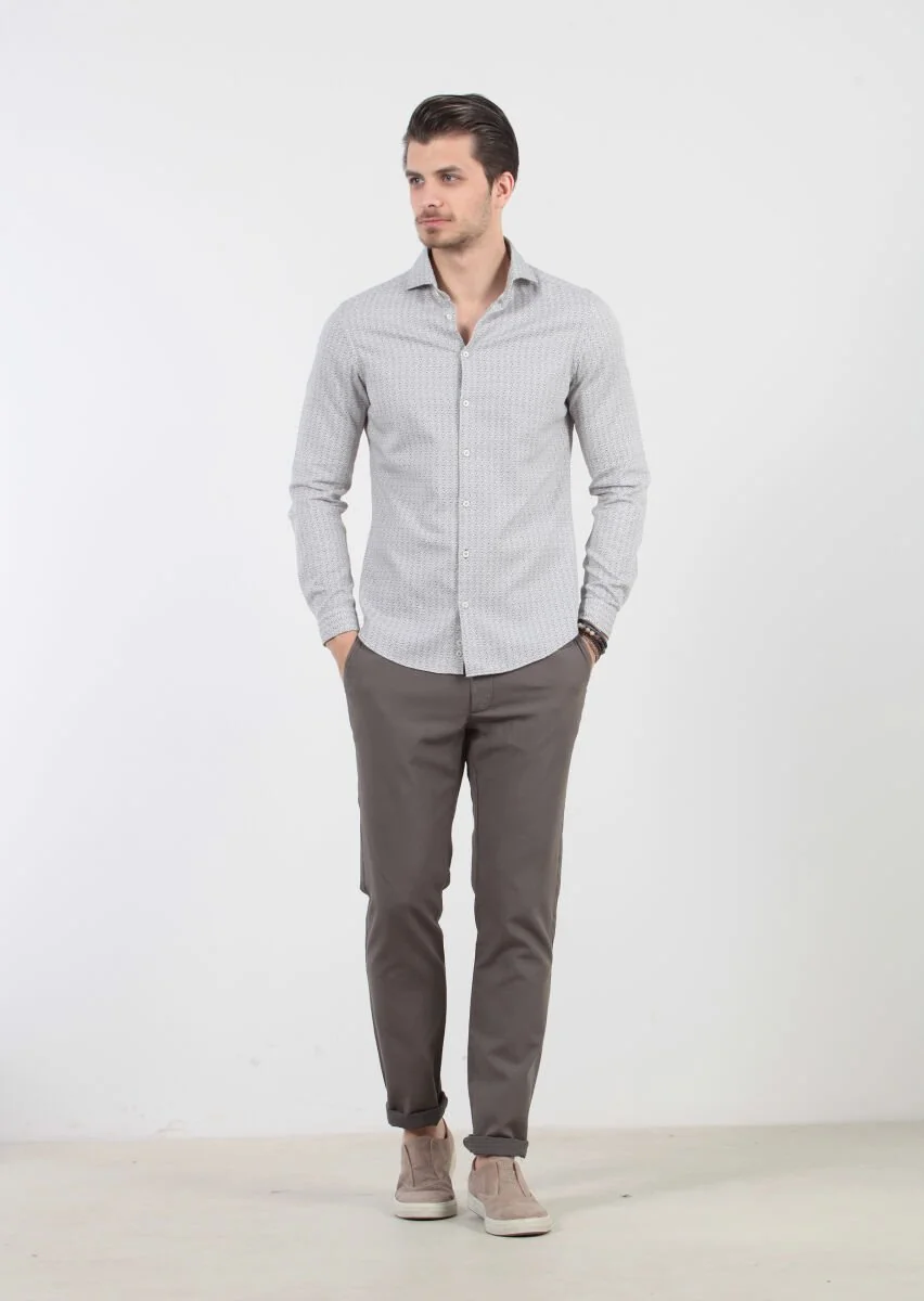 Açık Bej Baskılı Slim Fit Dokuma Casual %100 Pamuk Gömlek - 2