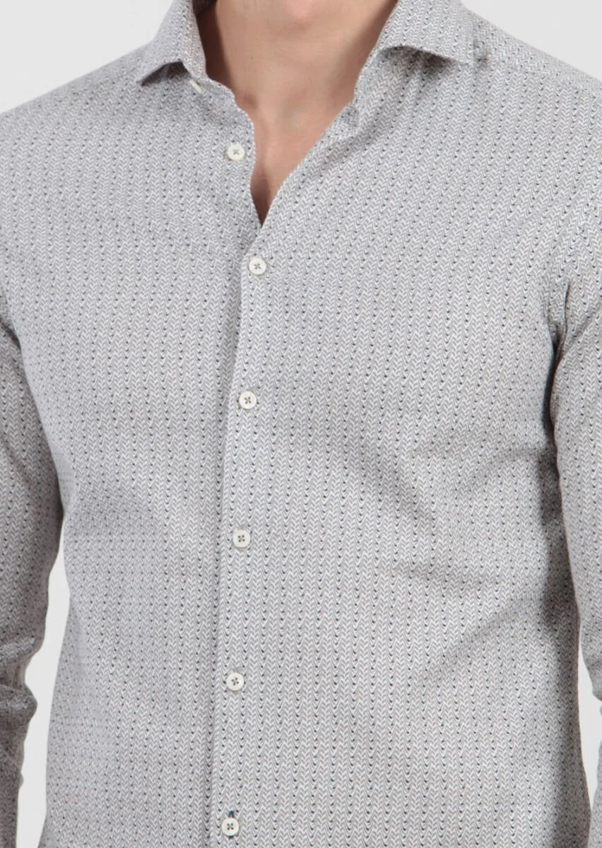 Açık Bej Baskılı Slim Fit Dokuma Casual %100 Pamuk Gömlek - 3