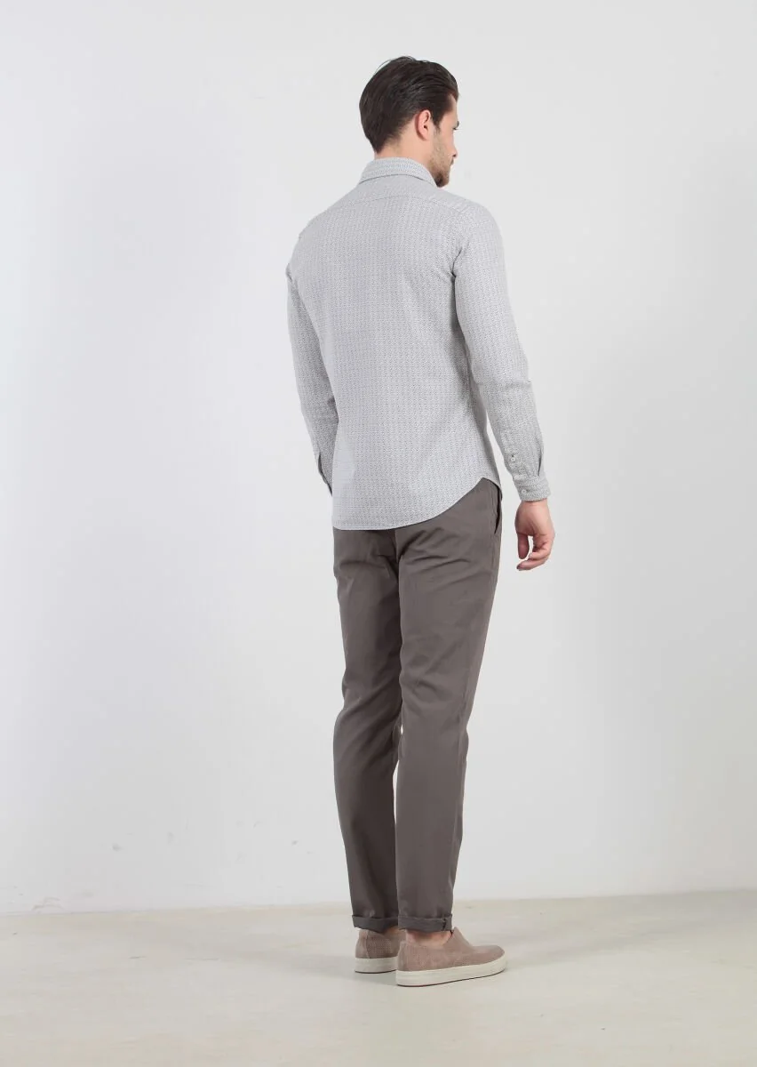 Açık Bej Baskılı Slim Fit Dokuma Casual %100 Pamuk Gömlek - 4