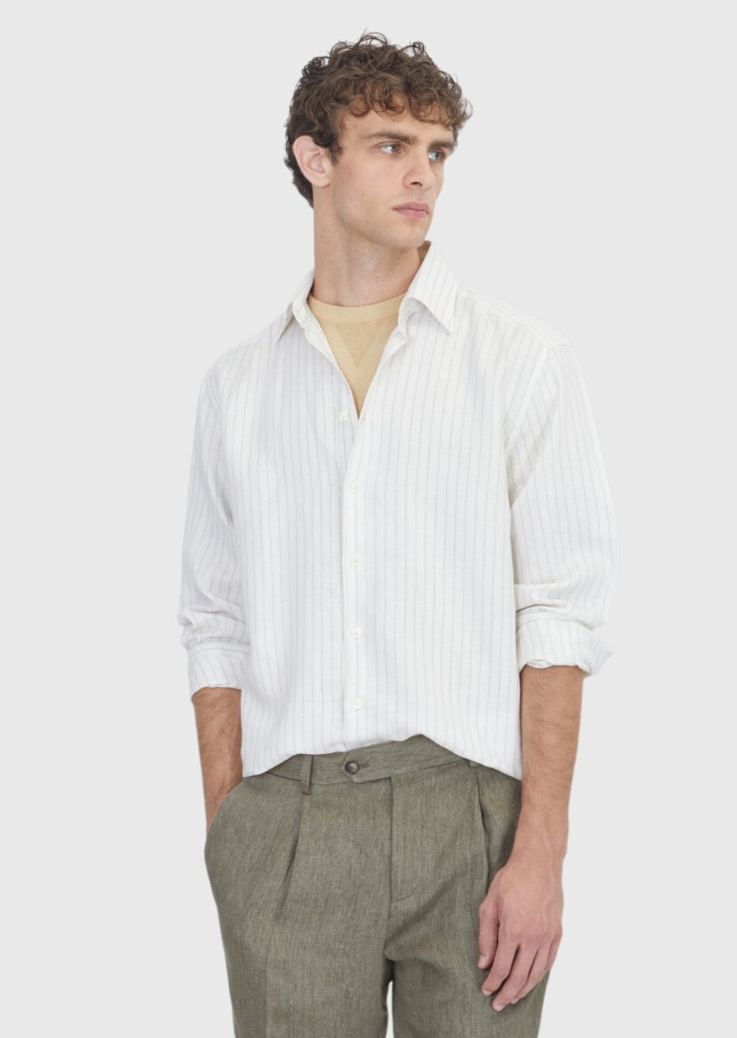 Açık Bej Çizgili Casual Fit Dokuma Casual Keten Karışımlı Gömlek - 1