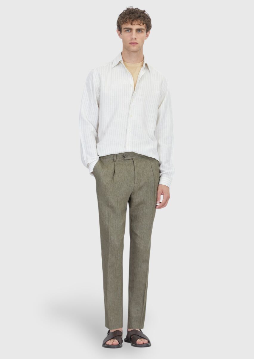 Açık Bej Çizgili Casual Fit Dokuma Casual Keten Karışımlı Gömlek - 2