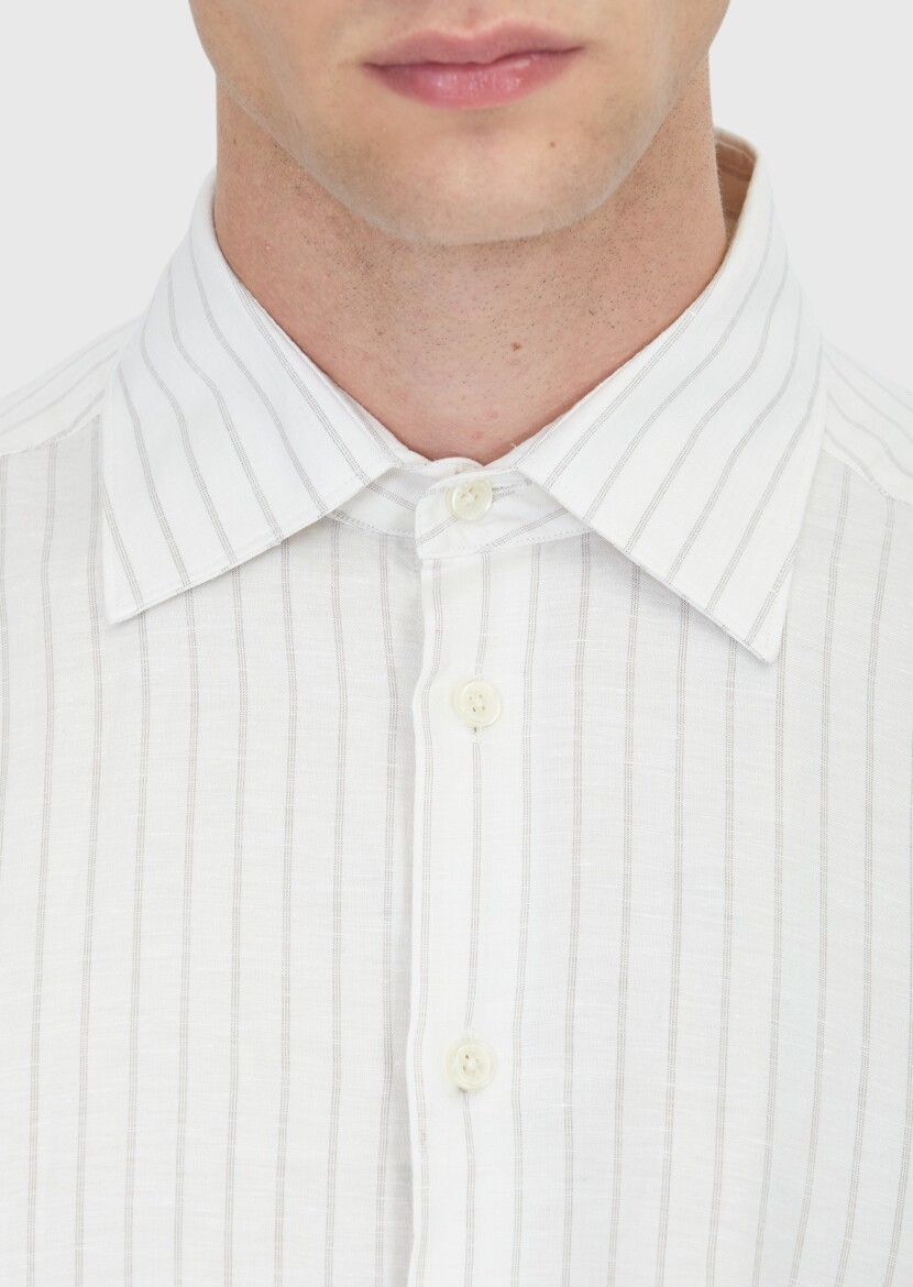 Açık Bej Çizgili Casual Fit Dokuma Casual Keten Karışımlı Gömlek - 5