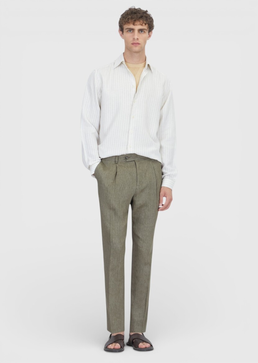 Açık Bej Çizgili Casual Fit Uzun Dokuma Casual Keten Karışımlı Gömlek - 2