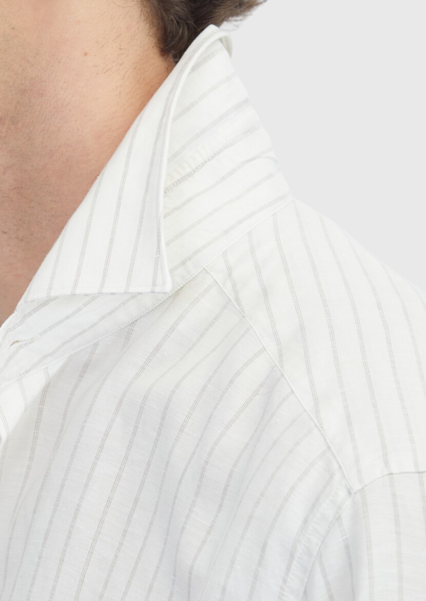 Açık Bej Çizgili Casual Fit Uzun Dokuma Casual Keten Karışımlı Gömlek - 4