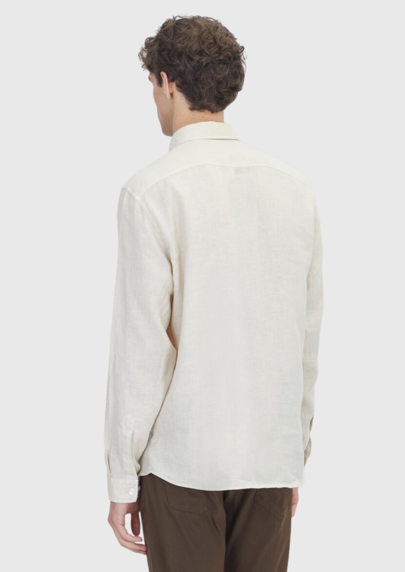 Açık Bej Düz Casual Fit Uzun Dokuma Casual %100 Keten Gömlek - 5