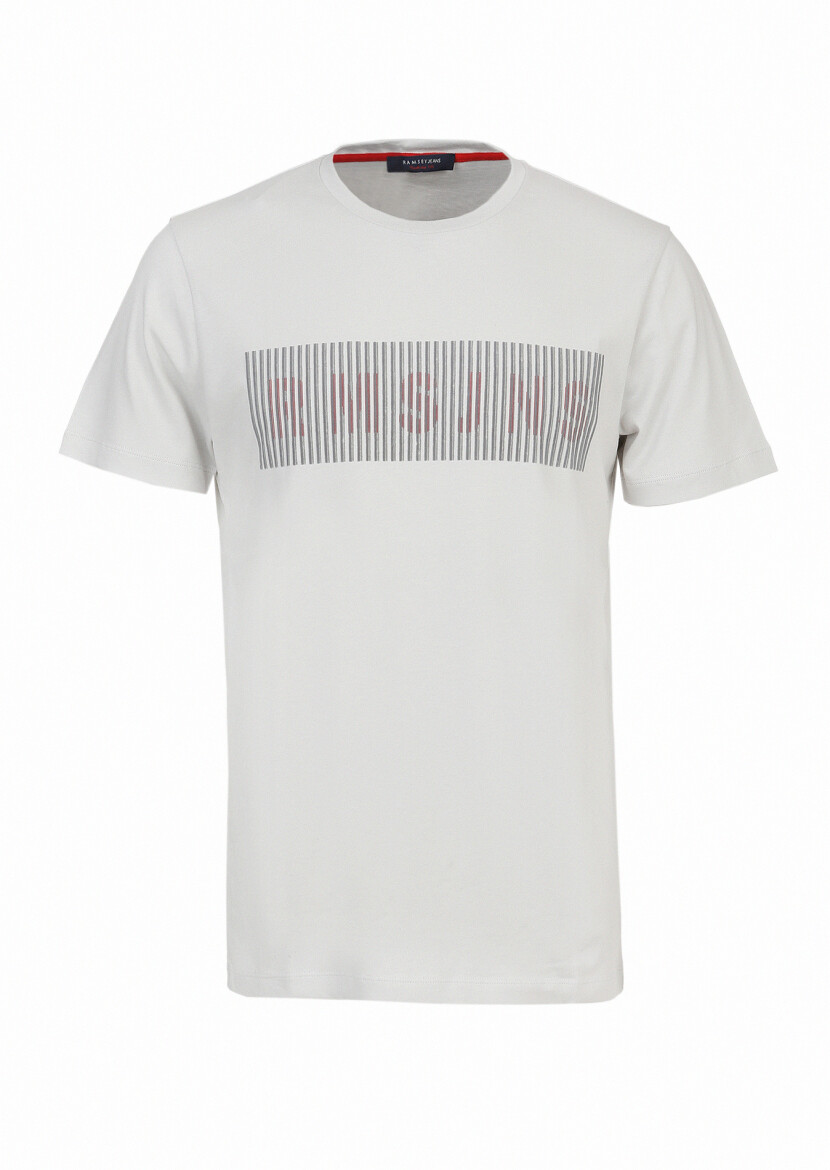 Açık Gri Baskılı Bisiklet Yaka %100 Pamuk T-Shirt 