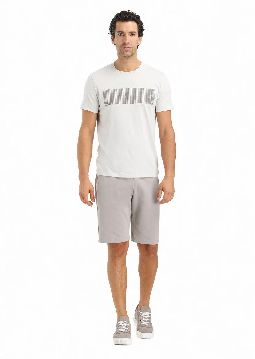 Açık Gri Baskılı Bisiklet Yaka %100 Pamuk T-Shirt - 1