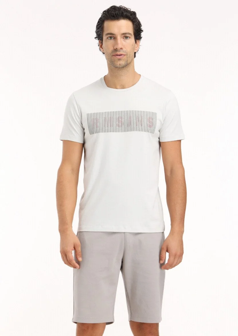 Açık Gri Baskılı Bisiklet Yaka %100 Pamuk T-Shirt 