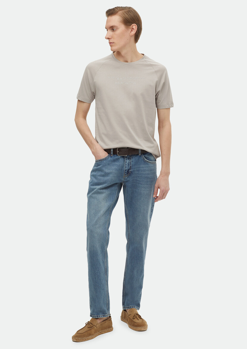 Açık Gri Baskılı Bisiklet Yaka %100 Pamuk T-Shirt 