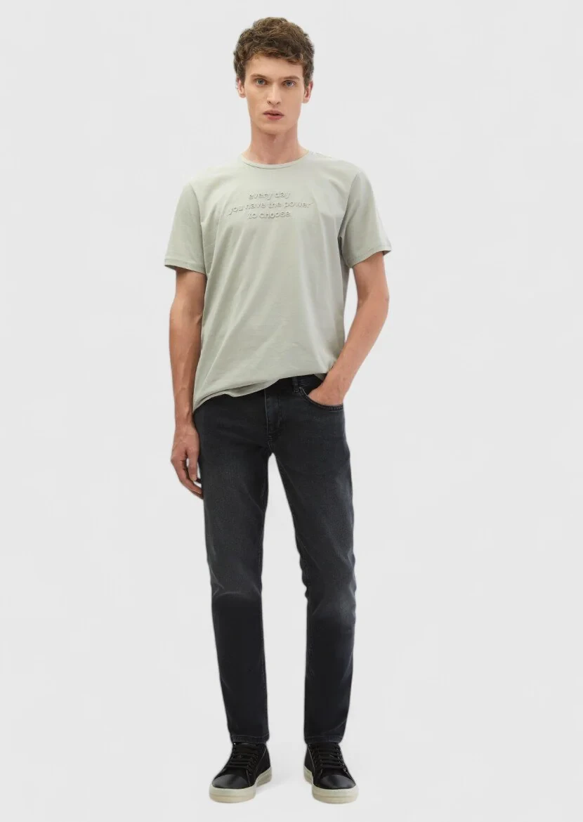 Açık Gri Baskılı Bisiklet Yaka %100 Pamuk T-Shirt 