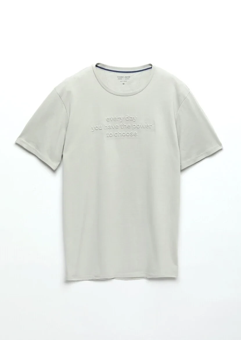 Açık Gri Baskılı Bisiklet Yaka %100 Pamuk T-Shirt - 5
