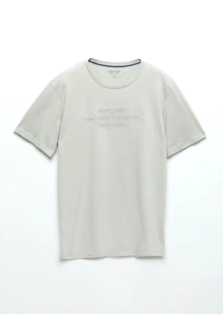 Açık Gri Baskılı Bisiklet Yaka %100 Pamuk T-Shirt - 5