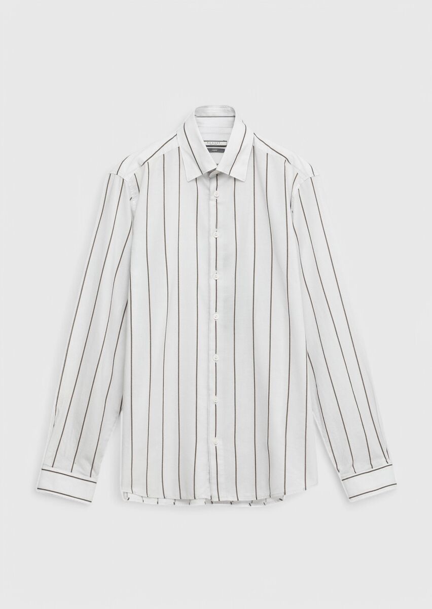 Açık Gri Baskılı Casual Fit Dokuma Casual %100 Pamuk Gömlek - 6
