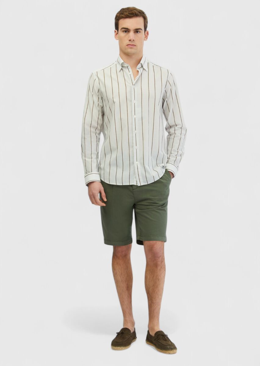 Açık Gri Baskılı Casual Fit Uzun Dokuma Casual %100 Pamuk Gömlek - 1