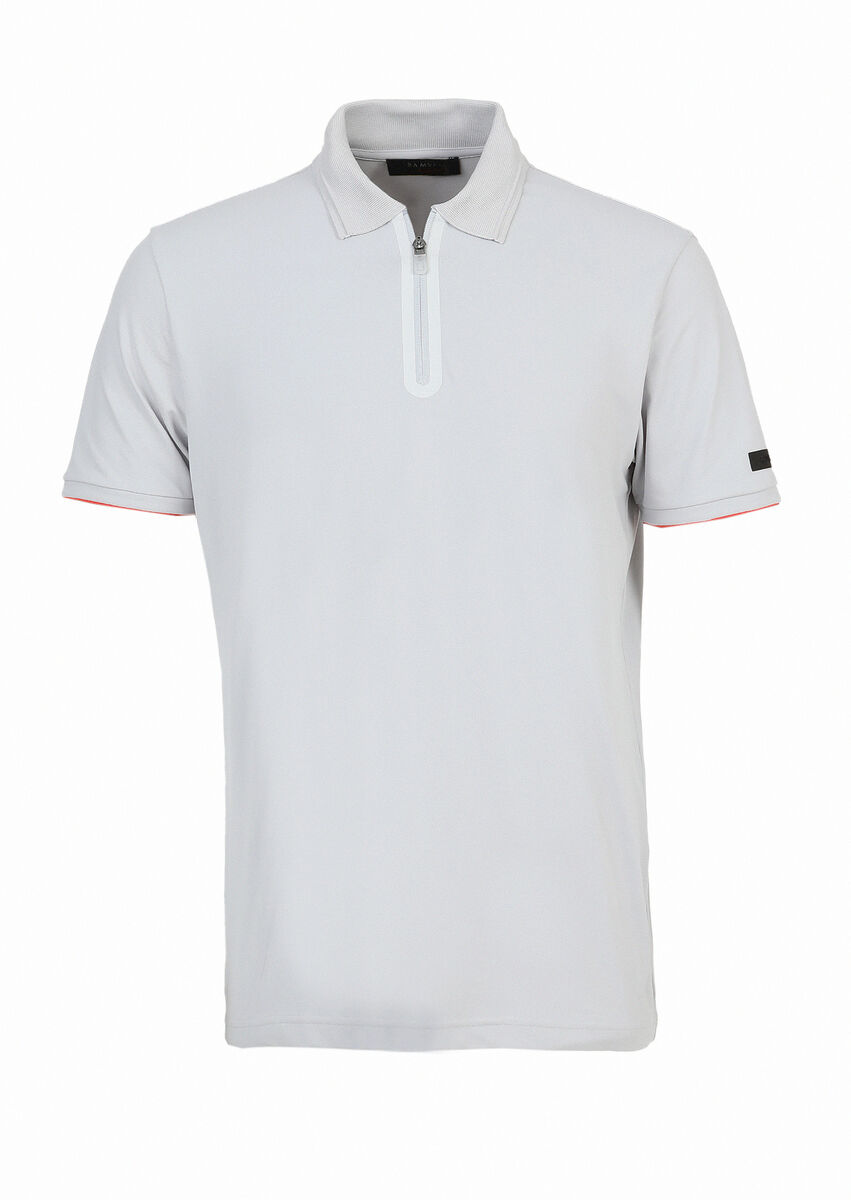 Açık Gri Baskılı Polo Yaka Pamuk Karışımlı T-Shirt - 6