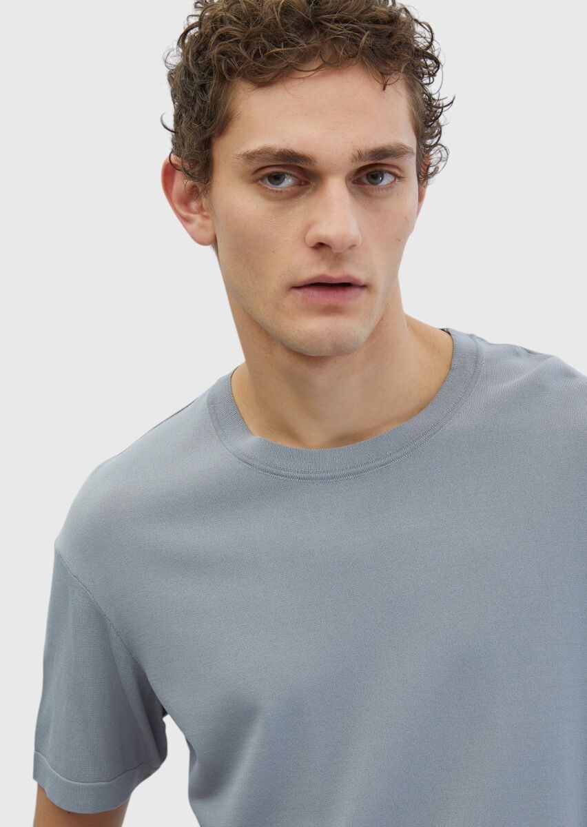 Açık Gri Bisiklet Yaka Düz Örgü Triko - 3