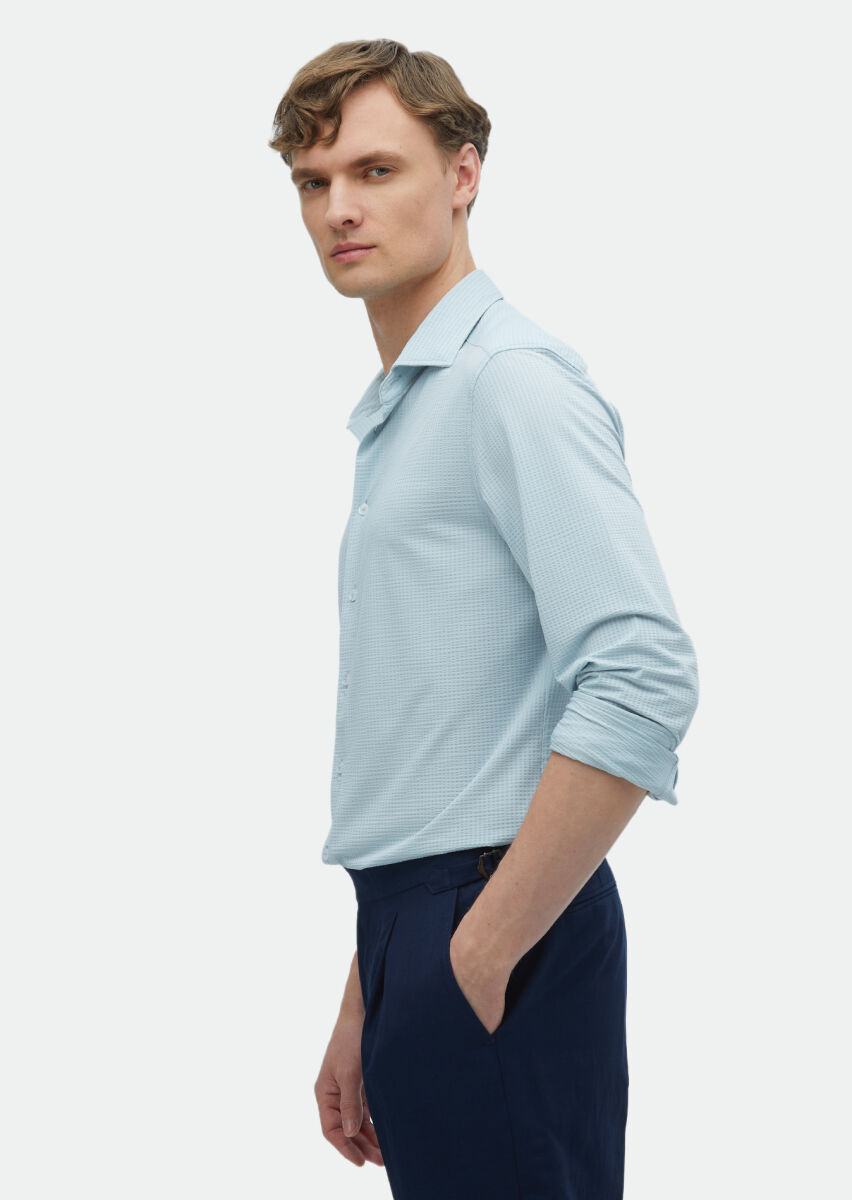 Açık Gri Çizgili Casual Fit Uzun Casual Gömlek - 3