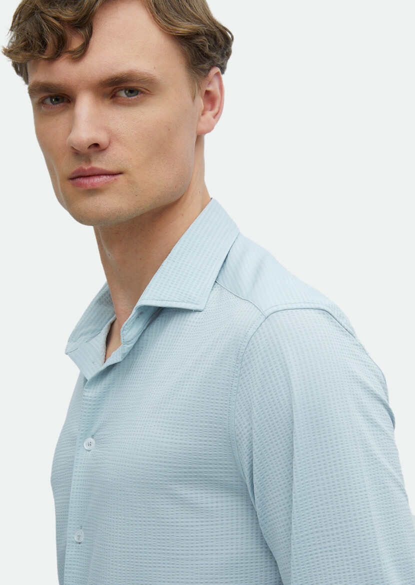Açık Gri Çizgili Casual Fit Uzun Casual Gömlek - 4