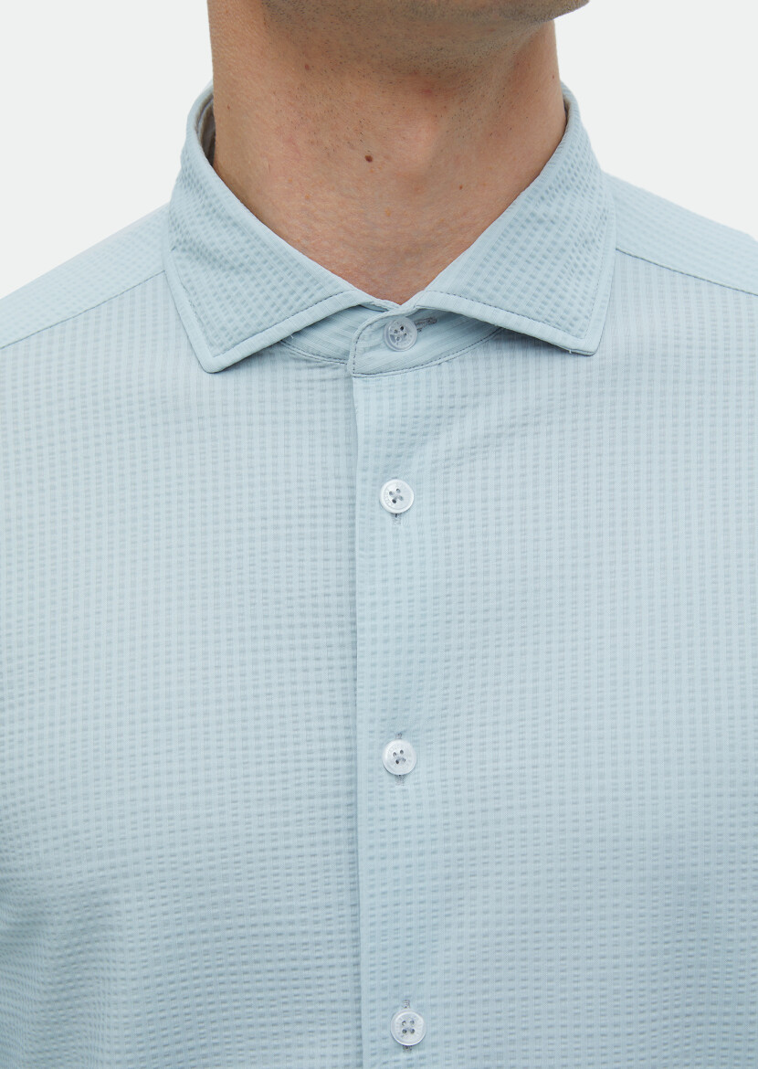 Açık Gri Çizgili Casual Fit Uzun Casual Gömlek - 5