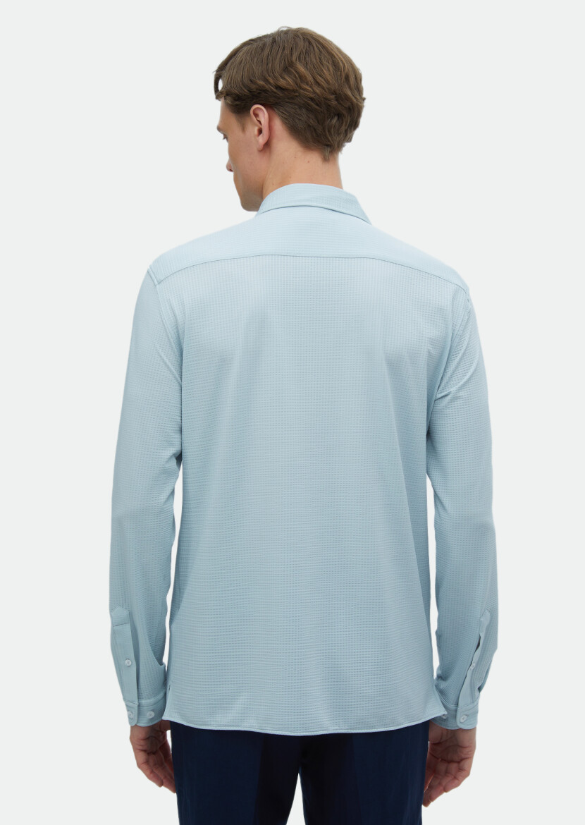 Açık Gri Çizgili Casual Fit Uzun Casual Gömlek - 6