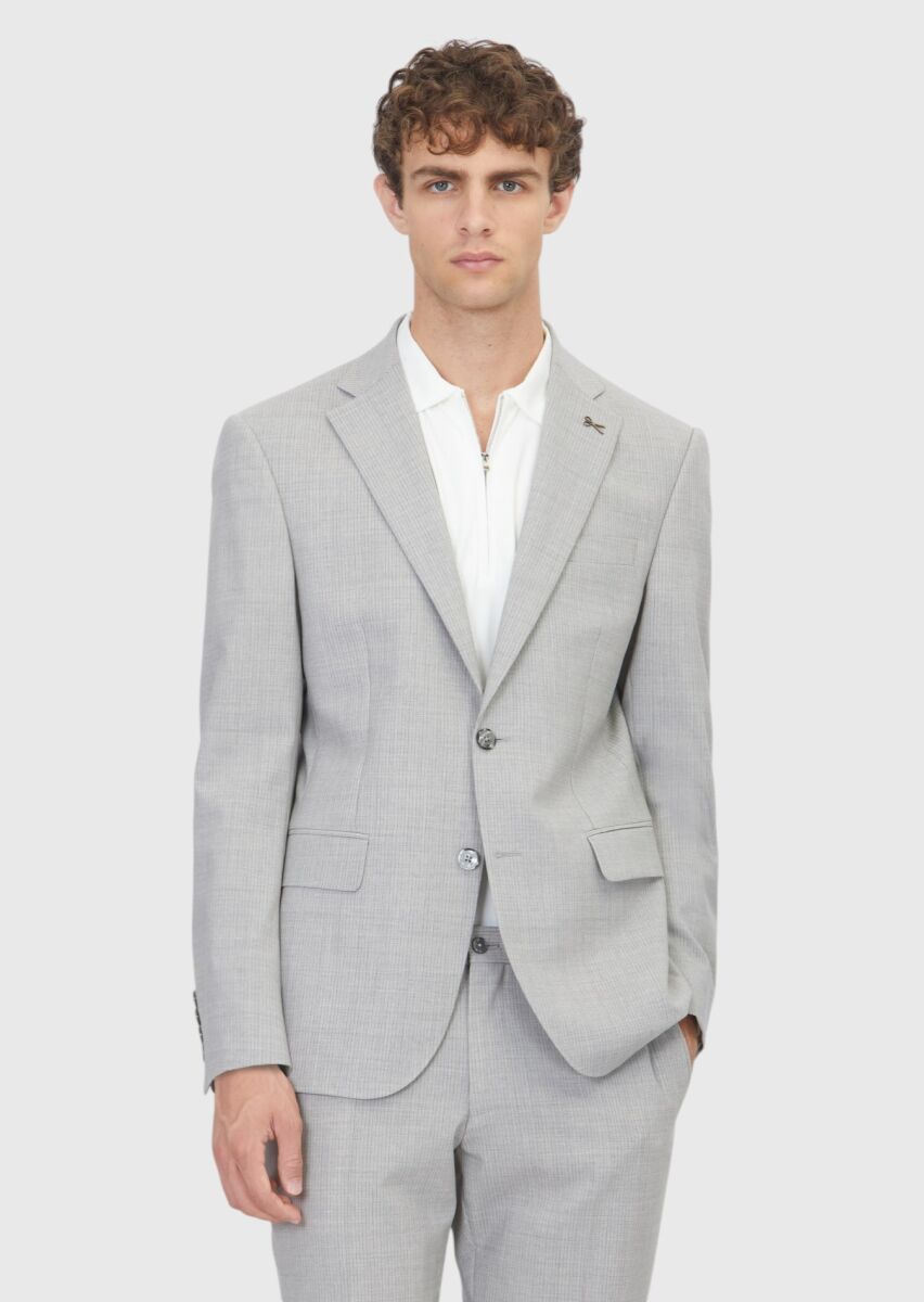 Açık Gri Çizgili Modern Fit Yün Karışımlı Takım Elbise - 1