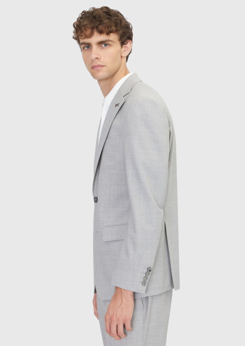 Açık Gri Çizgili Modern Fit Yün Karışımlı Takım Elbise - 4