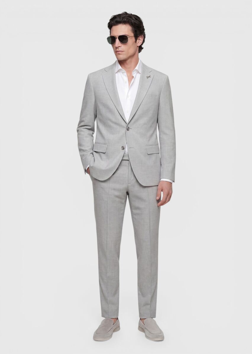 Açık Gri Çizgili Modern Fit Yün Karışımlı Takım Elbise - 2