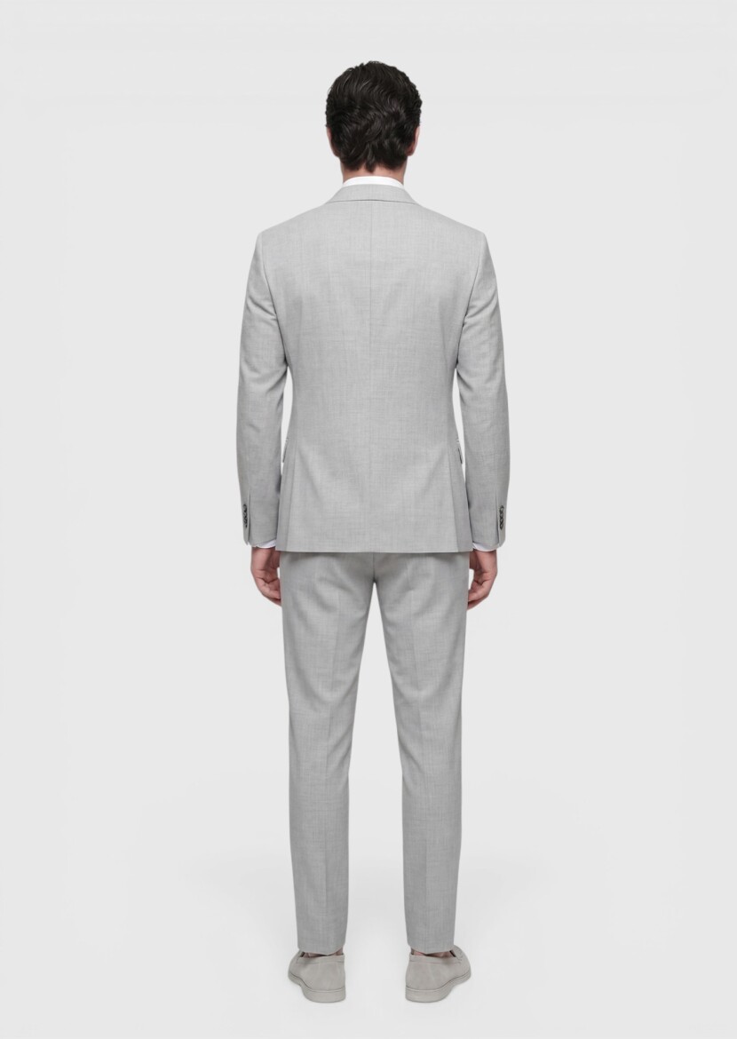 Açık Gri Çizgili Modern Fit Yün Karışımlı Takım Elbise - 5