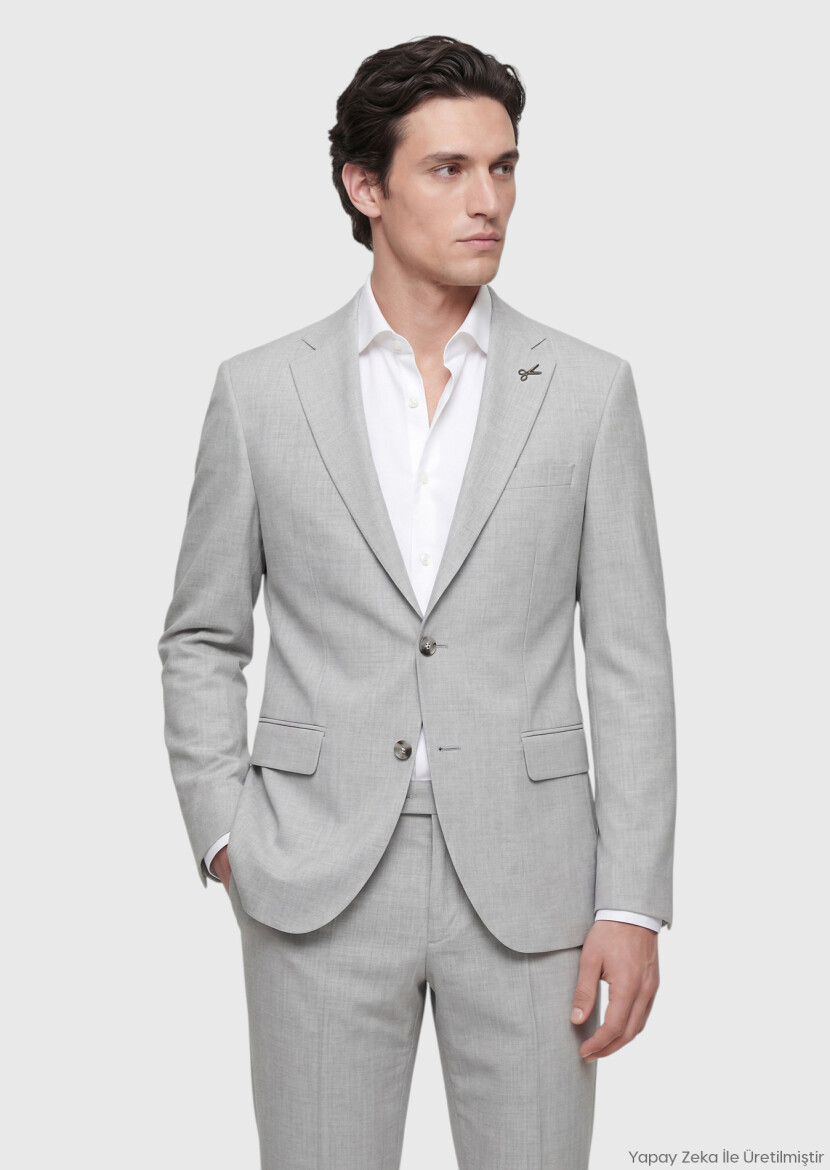Açık Gri Çizgili Modern Fit Yün Karışımlı Takım Elbise - RAMSEY
