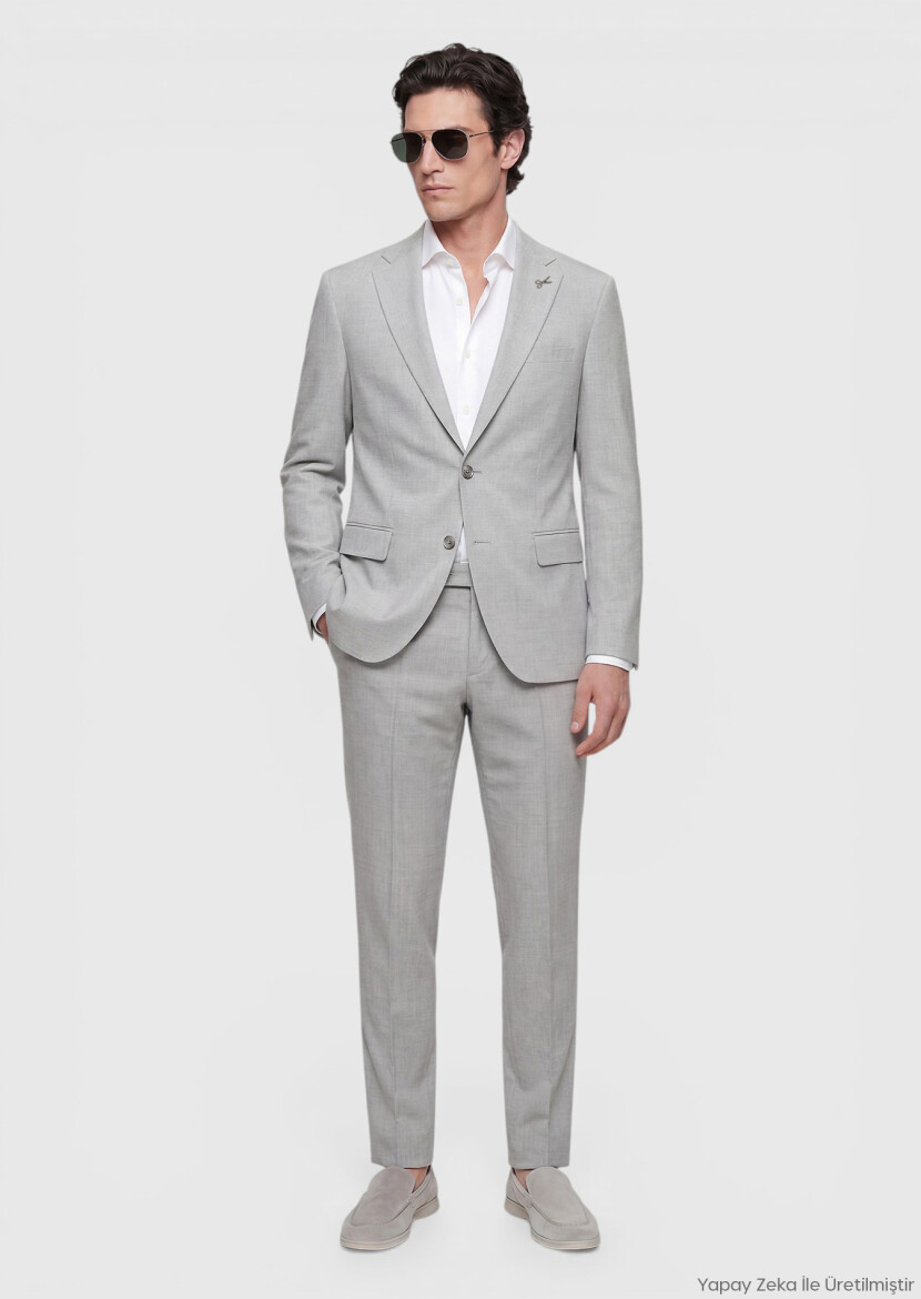 Açık Gri Çizgili Modern Fit Yün Karışımlı Takım Elbise - RAMSEY