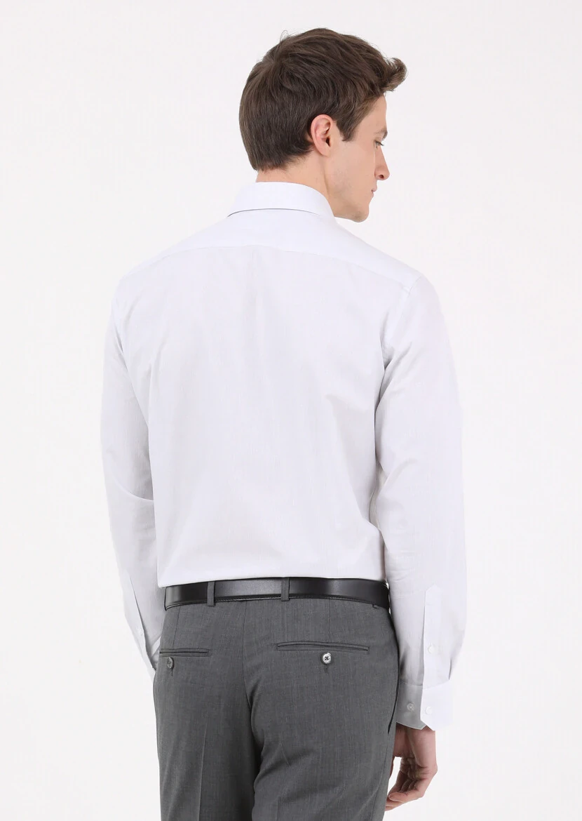 Açık Gri Çizgili Regular Fit Dokuma Klasik %100 Pamuk Gömlek - 5