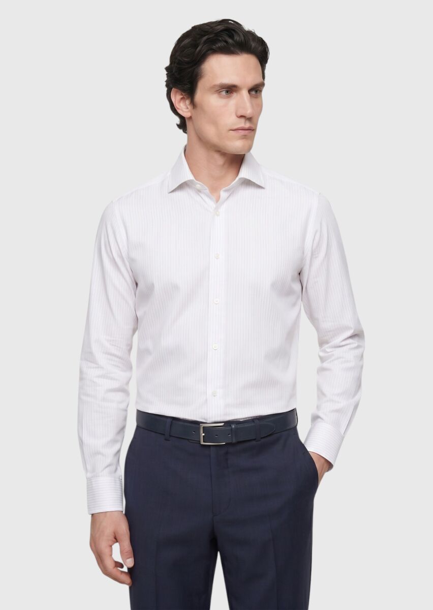 Açık Gri Çizgili Regular Fit Uzun Dokuma Klasik %100 Pamuk Gömlek - 1